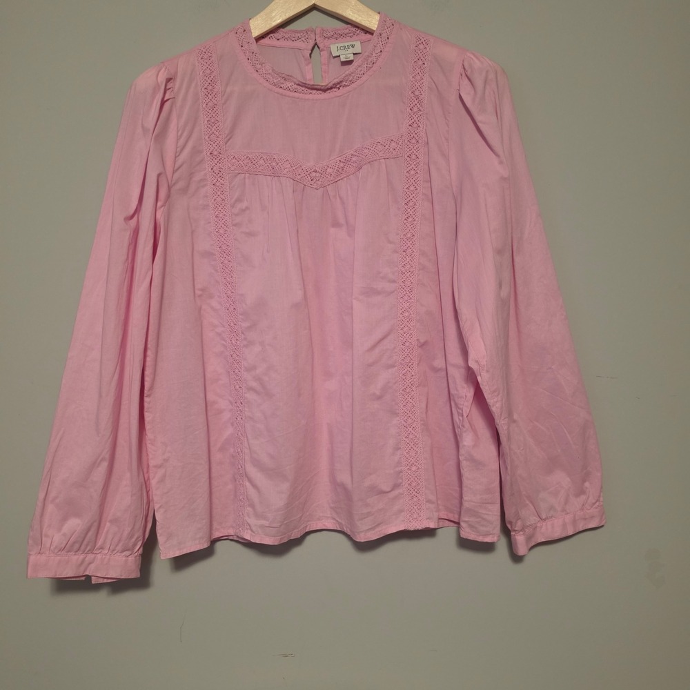 J.Crew Eyelet Lace Trim Mock Neck Long Sleeve Blouse Pink Size Large